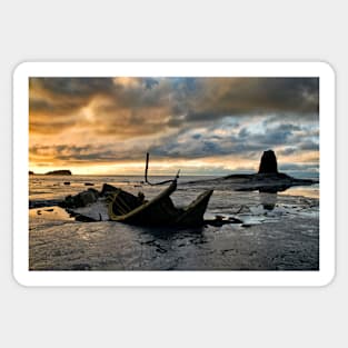 Black Nab and the wreck of the Admiral Von Tromp at sunset. Saltwick Bay, England Sticker